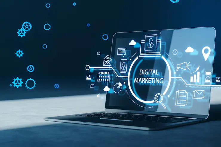 close up laptop with creative glowing marketing hologram digital online marketing commerce sale concept 3d rendering 670147 84232